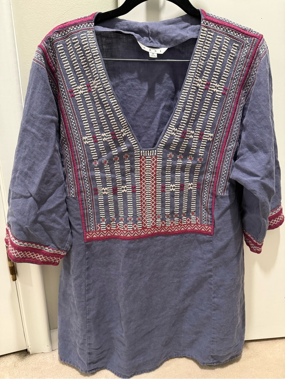 CAbi Navy Tunic with Red and White Embroidery